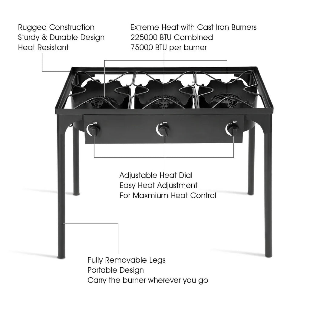 Goplus Portable Propane 225, 000 - BTU 3 Burner Gas Cooker Outdoor Camp Stove BBQ