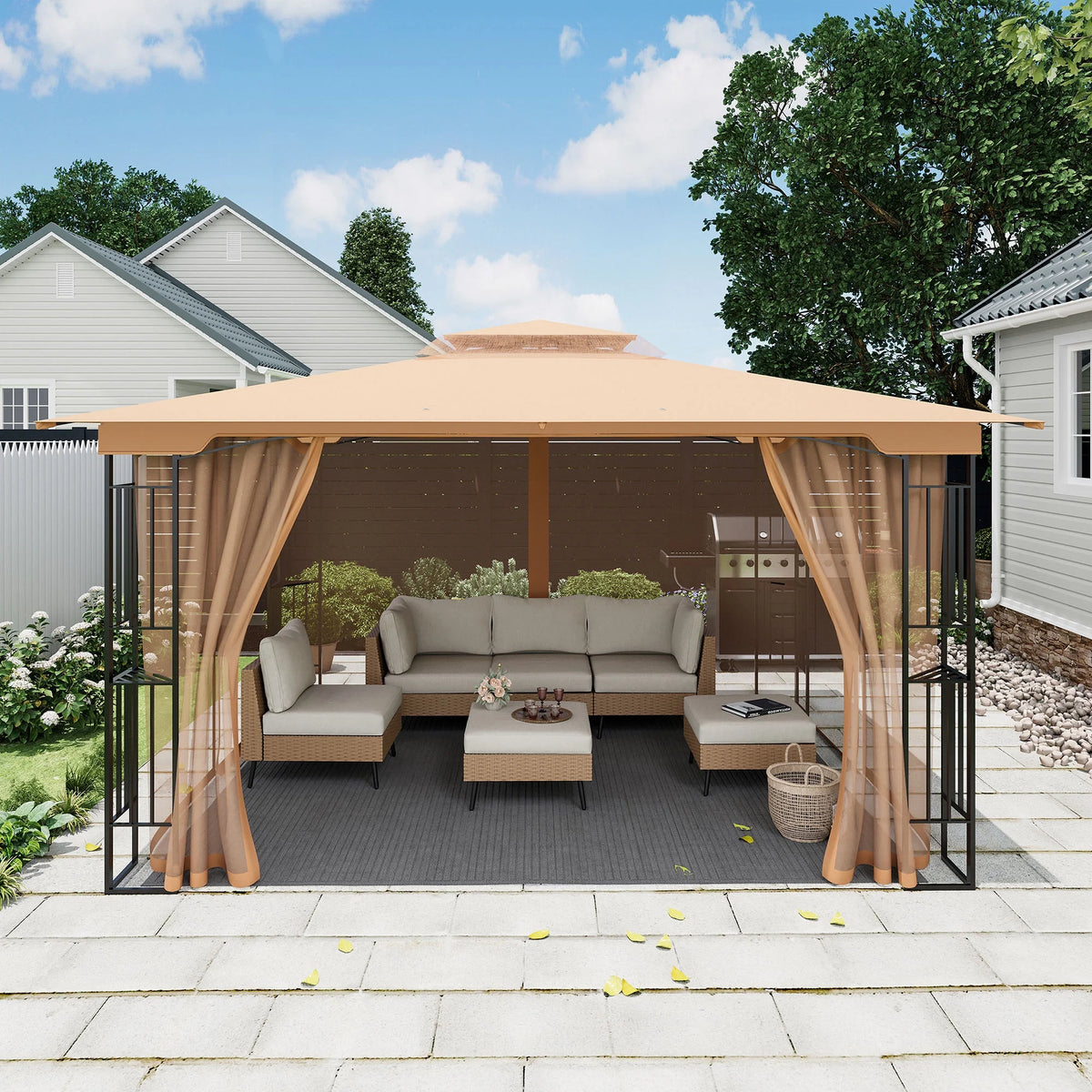 LAUSAINT HOME Patio Gazebo 13'X11', Heavy Duty Gazebos Shelter Party Tent with Double Roofs, Mosquito Nettings for Backyard, Garden, Lawn, (Khaki)
