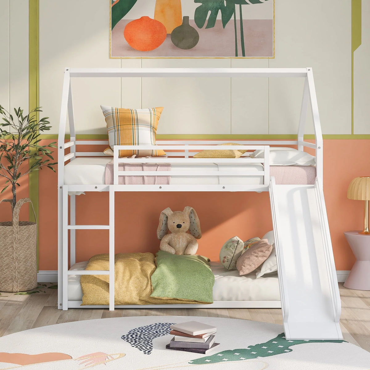 Jump Into Fun Bunk Bed Twin Over Twin, Metal Bunk Bed with Slide, House Low Bunk Bed with Ladder and Safety Guardrails, Noise Free Floor Twin Bunk Beds for Kids, Adults, Bedroom, White