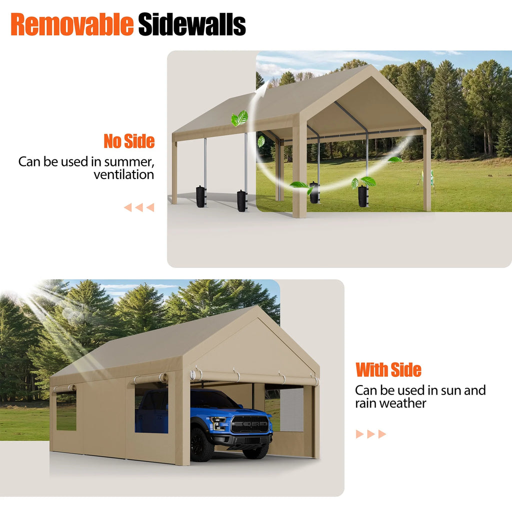 Walsunny 12x20 Ft Carport with 4 Sandbags Heavy Duty Canopy with Roll - up Windows Portable Garage with Removable Sidewalls & Doors Car Canopy Khaki