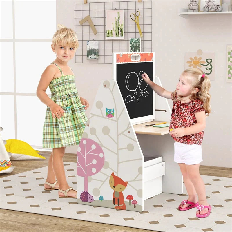 3-in-1 Kids Art Easel with Chair, Wooden Toddler Easel Table & Chair Set w/ Double-Sided Magnetic Whiteboard & Chalkboard, Bookshelf, Storage