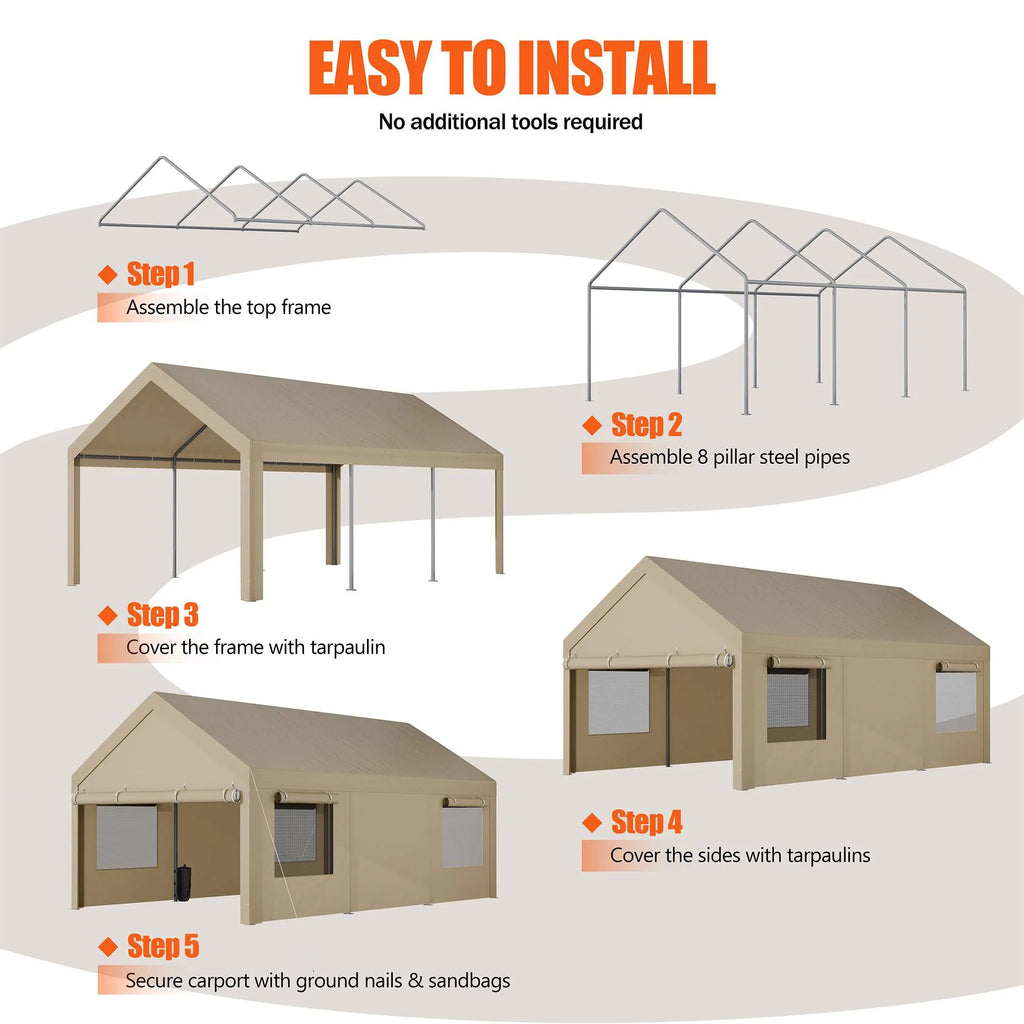Walsunny 12x20 Ft Carport with 4 Sandbags Heavy Duty Canopy with Roll - up Windows Portable Garage with Removable Sidewalls & Doors Car Canopy Khaki