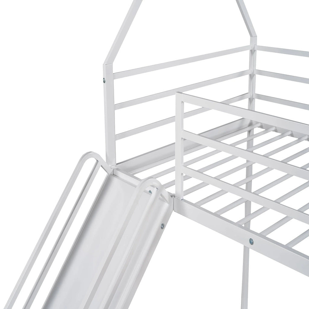 Jump Into Fun Bunk Bed Twin Over Twin, Metal Bunk Bed with Slide, House Low Bunk Bed with Ladder and Safety Guardrails, Noise Free Floor Twin Bunk Beds for Kids, Adults, Bedroom, White