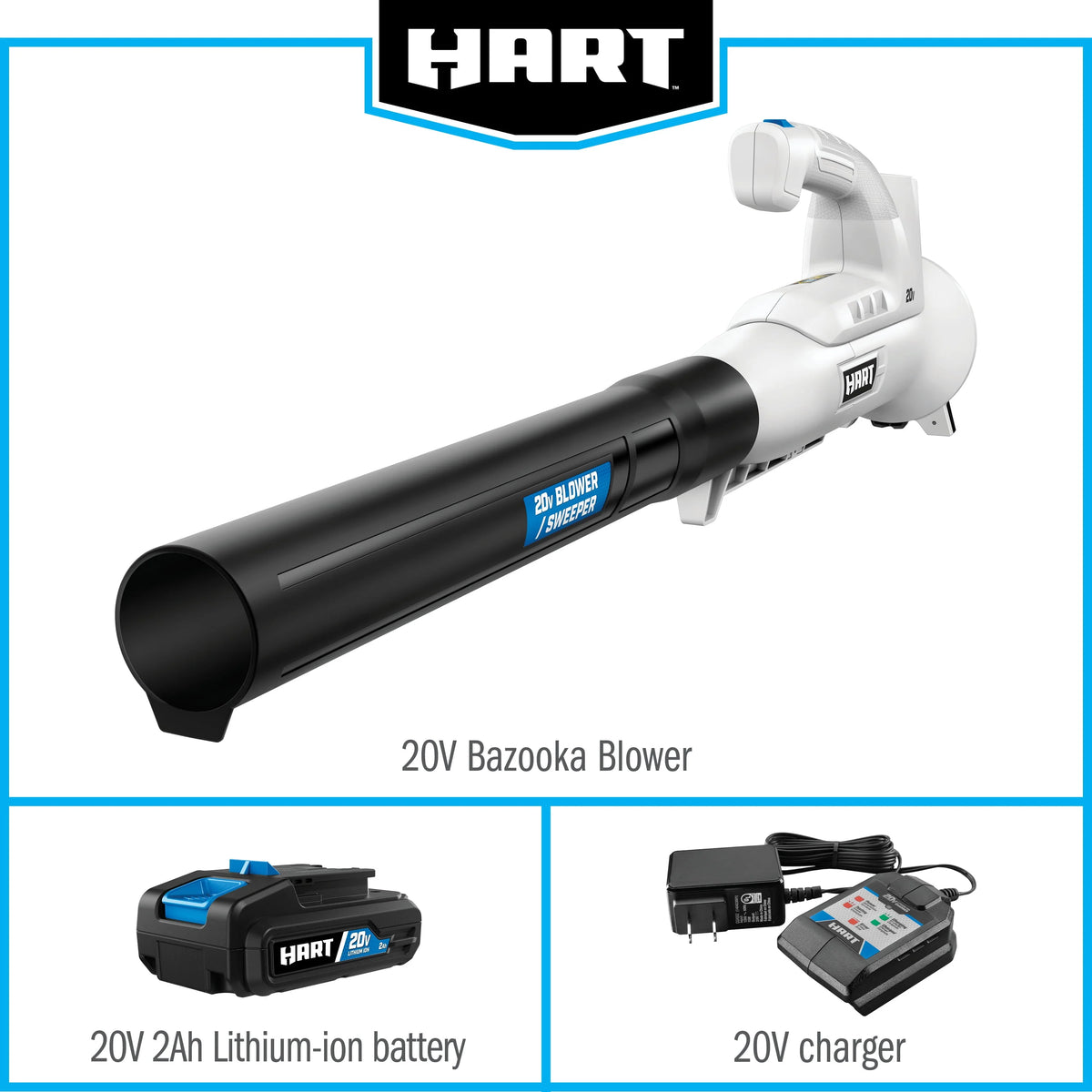 Hart 20 - Volt 200 CFM Bazooka Blower Kit, (1) 20 - Volt 2ah Lithium - Ion Battery and Charger