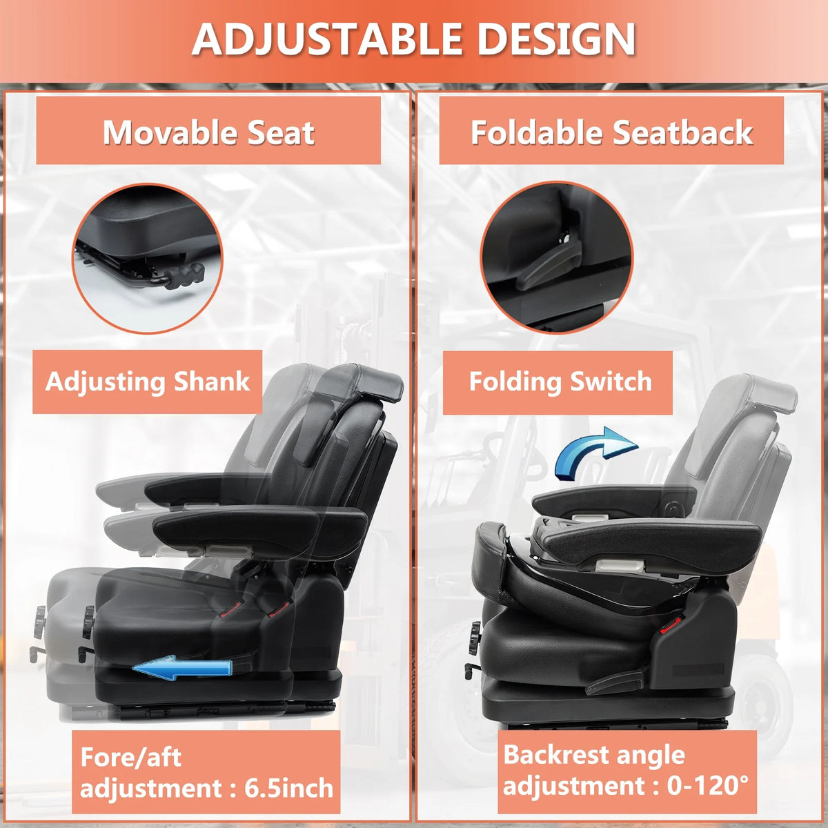 TICSEA Highback Low Suspension Tractor Seat, Adjustable Backrest Headrest and Slide Rails Forklift Seat, Adjustable Armrests Shock Absorber Heavy Duty for Excavator Harvester