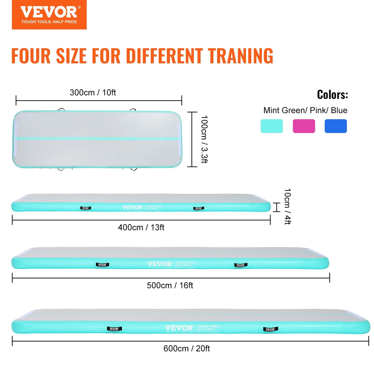 VEVOR Gymnastics Air Mat, 4 in Thickness Inflatable Gymnastics Tumbling Mat, Tumble Track with Electric Pump, Training Mats for Home Use/Gym/Yoga/Cheerleading/Beach/Park/Water, 10 Ft, Mint Green