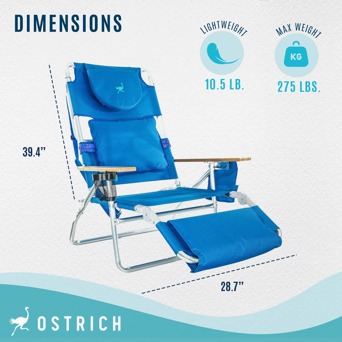 Ostrich Deluxe 3N1 Lightweight Outdoor Beach Lounge Chair W/Footrest, Pink