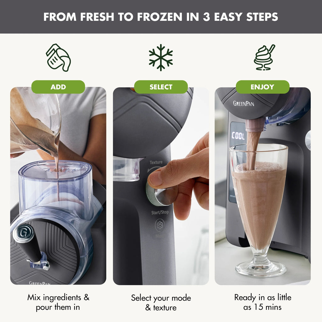 Greenpan Frost 6 Mode, Ice Cream, Frozen Drink, Slushie & Milk Shake Maker, No Freezer Needed, Easy Clean Parts, Gray