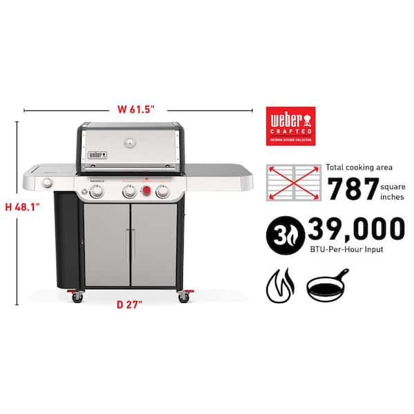 Genesis S-335 3-Burner Propane Gas Grill in Stainless Steel with Side Burner