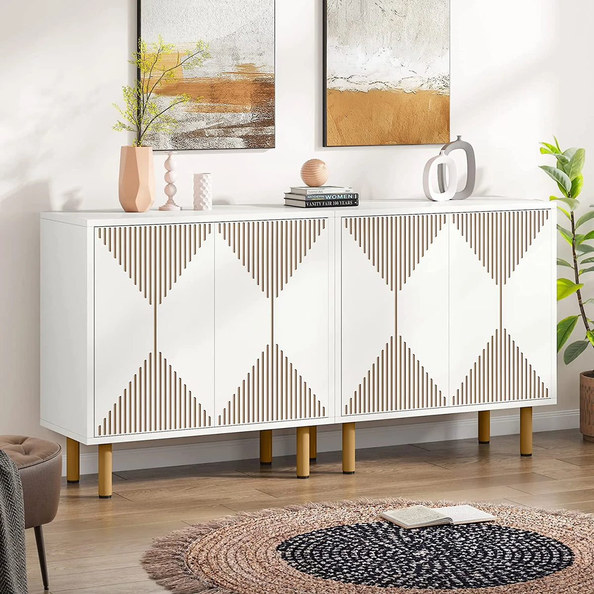 Tribesigns 59" Modern White Storage Cabinet Set, Freestanding Floor Cabinet, Wood Buffet Cabinet with Doors, Large Storage Cabinet for Living Room, Dining Room, Garage