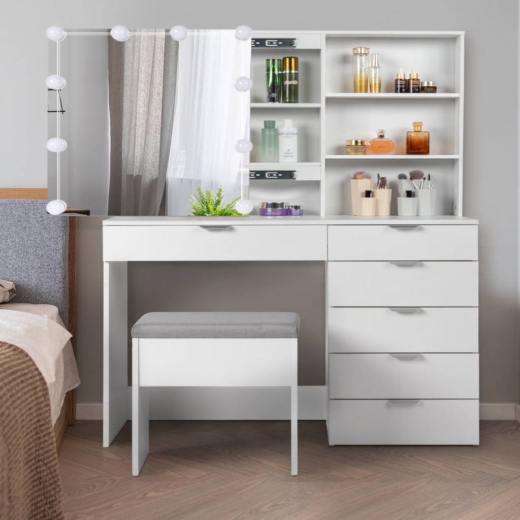 Ktaxon Vanity Set with 3 Color Lighted Mirror, Makeup Table with 6 Drawers, Dressing Table Makeup Desk with Stool, White
