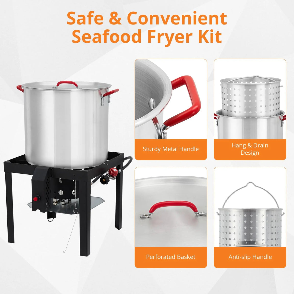 Huisuilinss 80 Qt Seafood Boiling Kit with Strainer, Outdoor Seafood Boil Pot and Basket with 110, 000 Btus Propane Burner and 0 - 10 PSI Regulatored for Cooking Shrimp and Crab