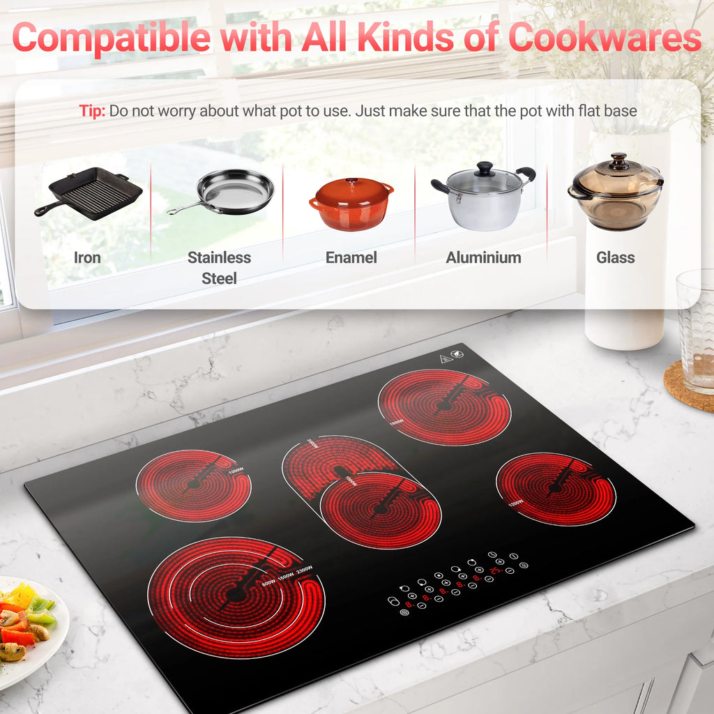 Sunmaki 30 in Electric Stove Cooktop 8500W Built - in Electric Stove Cooktop with 5 Burners, Sensor Touch Control Safety Lock, 220 - 240v, Hard Wire, No Plug