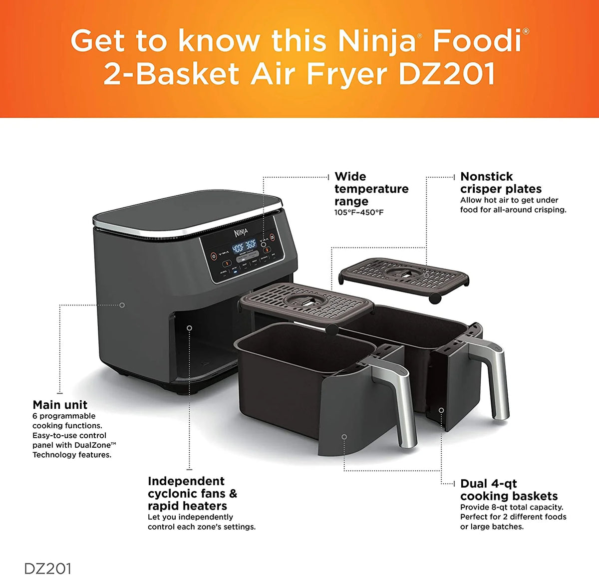 Restored Ninja DZ201 Foodi 6 - in - 1 2 - Basket Air Fryer with Dualzone Technology, 8 - Quart Capacity, and a Dark Grey Stainless Finish (Refurbished)