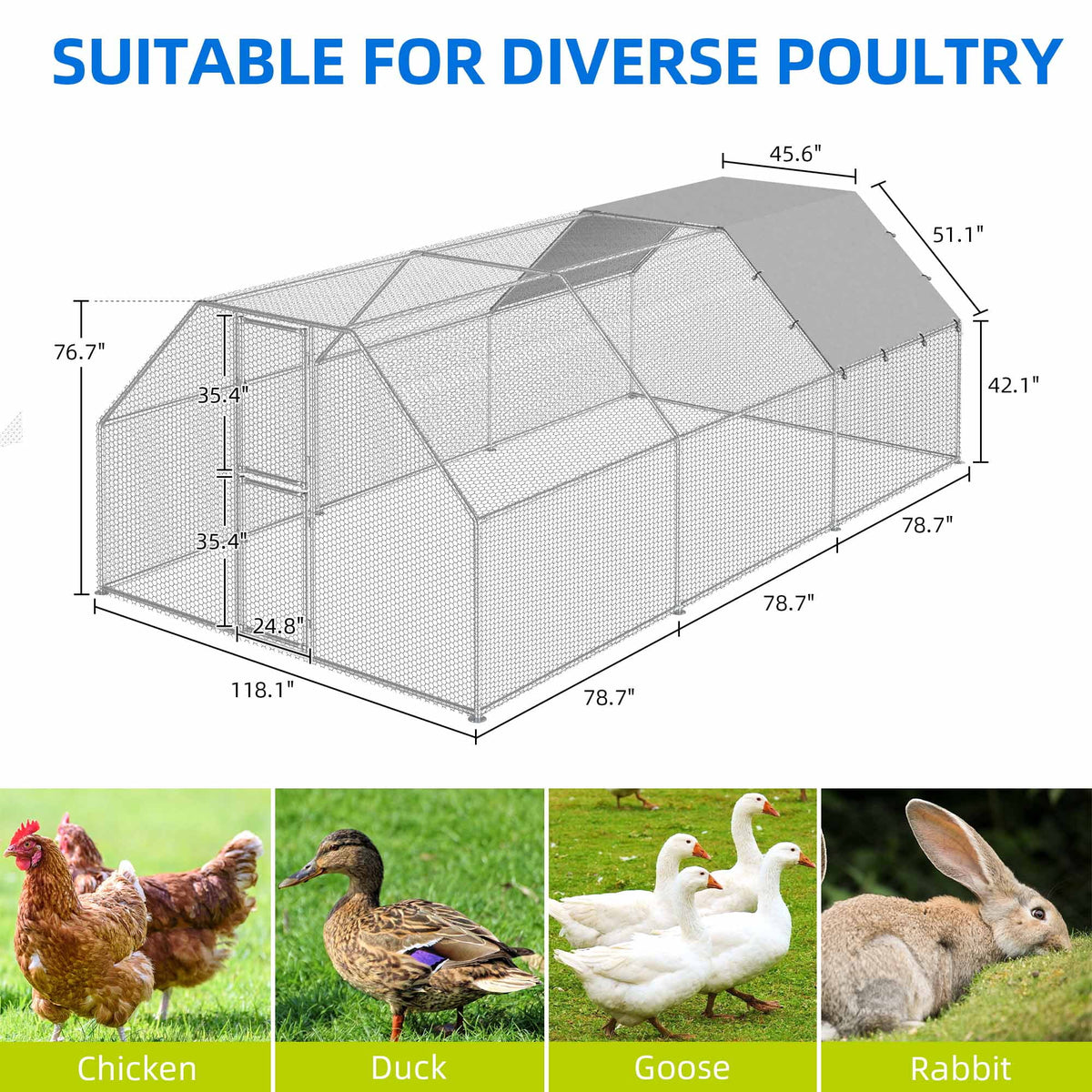 Uforic Chicken Run Coop 19.1 x 9.8 x 6.4 Ft Large Metal Chicken Coop, Walk - in Hen Cage, Outdoor Poultry Cage with Waterproof Cover and Wire Mesh for Backyard, Yard Outdoor