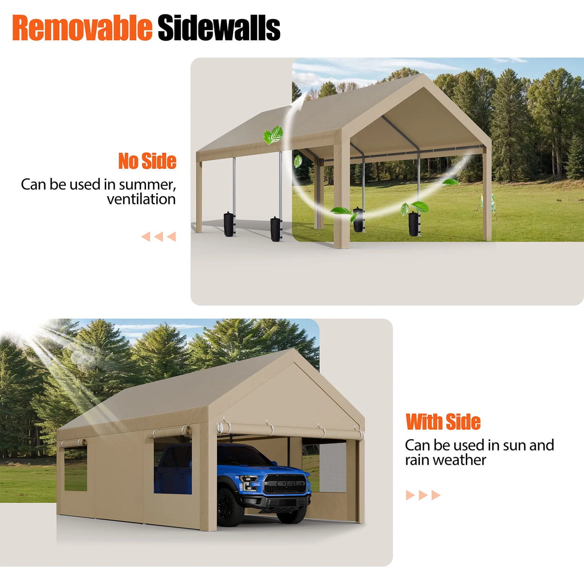 Walsunny 12x20 Ft Carport with 4 Sandbags Heavy Duty Canopy with Roll - up Windows Portable Garage with Removable Sidewalls & Doors Car Canopy Khaki