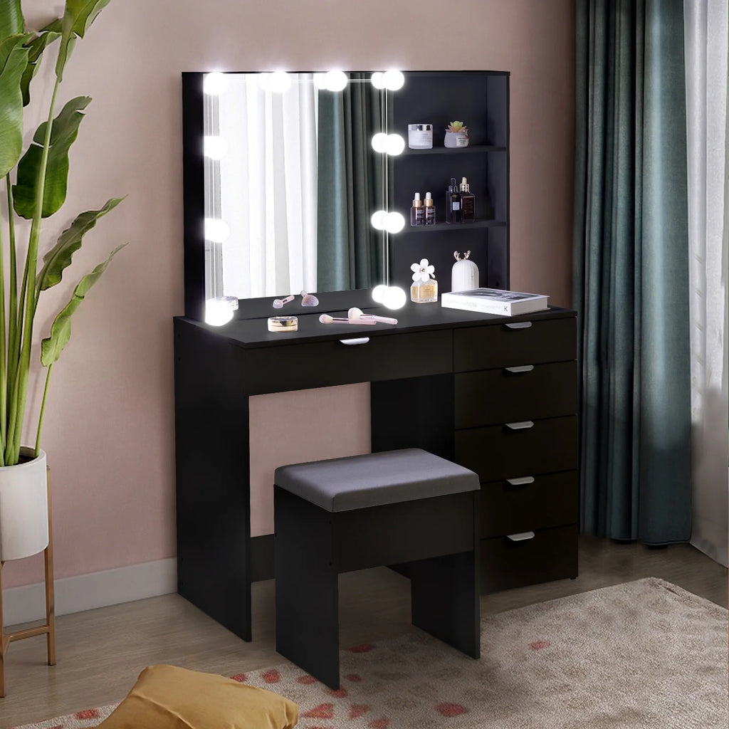 Ktaxon Vanity Set with 3 Color Lighted Mirror, Makeup Table with 6 Drawers, Dressing Table Makeup Desk with Stool, White