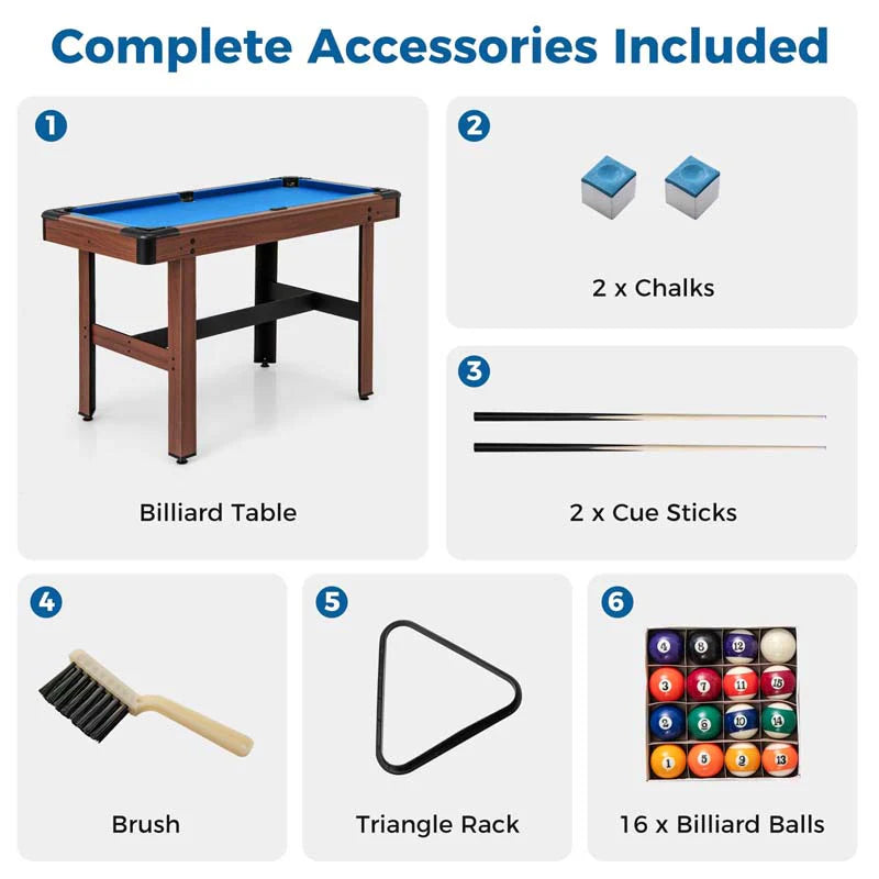 48" Mini Pool Table, Wooden Billiards Table with 16 Balls, 2 Cue Sticks, 2 Chalks, Triangle & Brush for Adults Kids Family Party, Game Room
