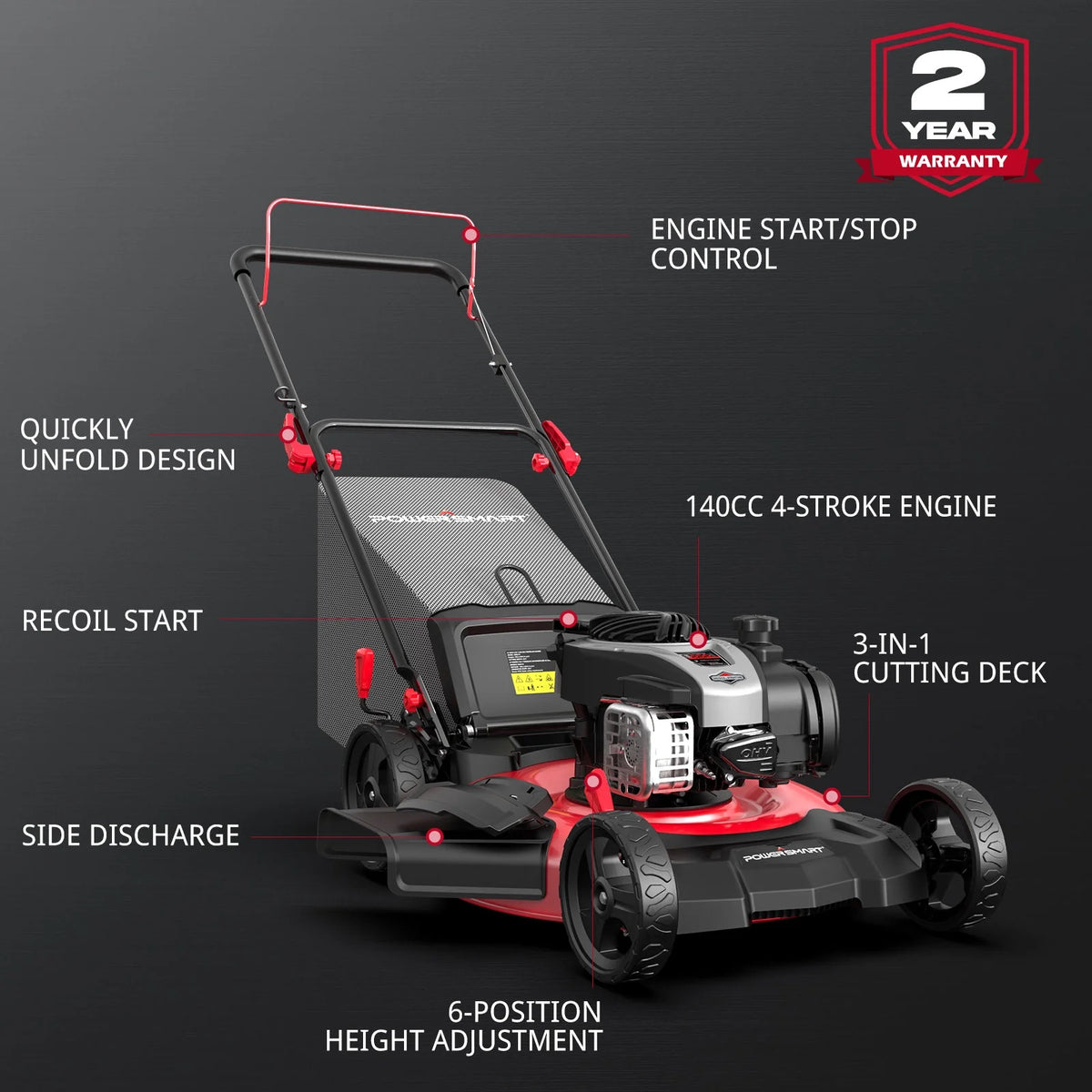 Powersmart 140CC Briggs & Stratton Engine Gas Push Lawn Mower, 21 in Cutting Blade, 6 - Position Height Adjustment
