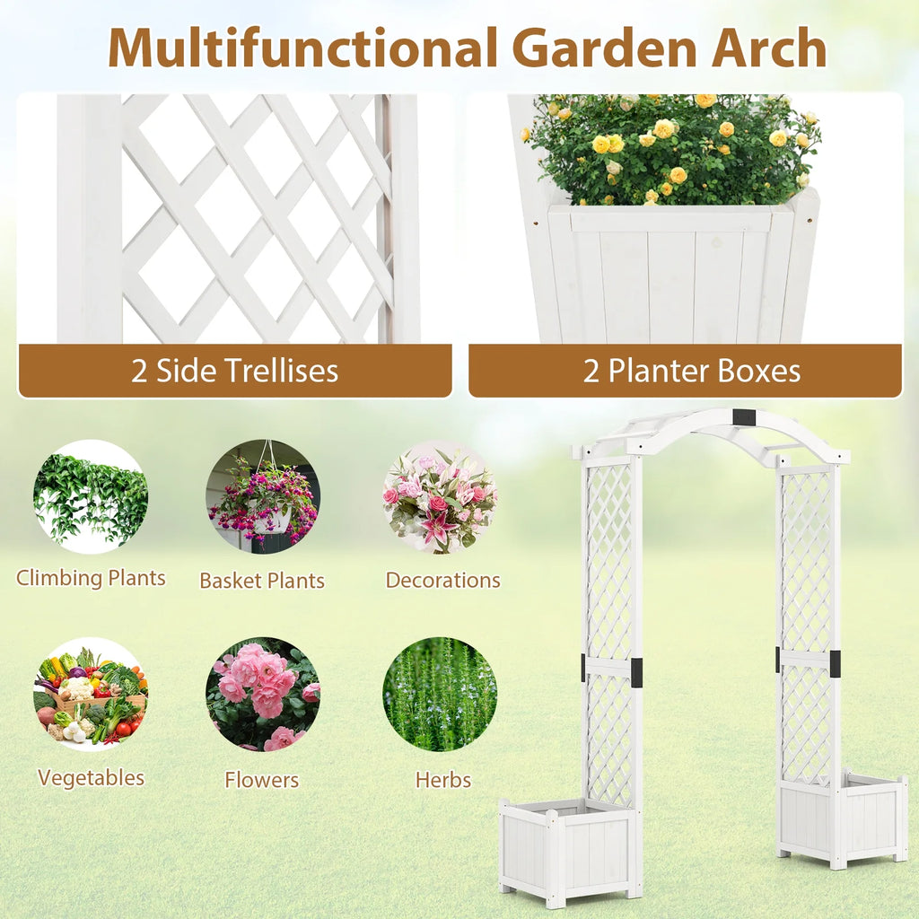 Gymax Garden Arbor W/ Planter Wooden Planter Arch W/ Trellis White