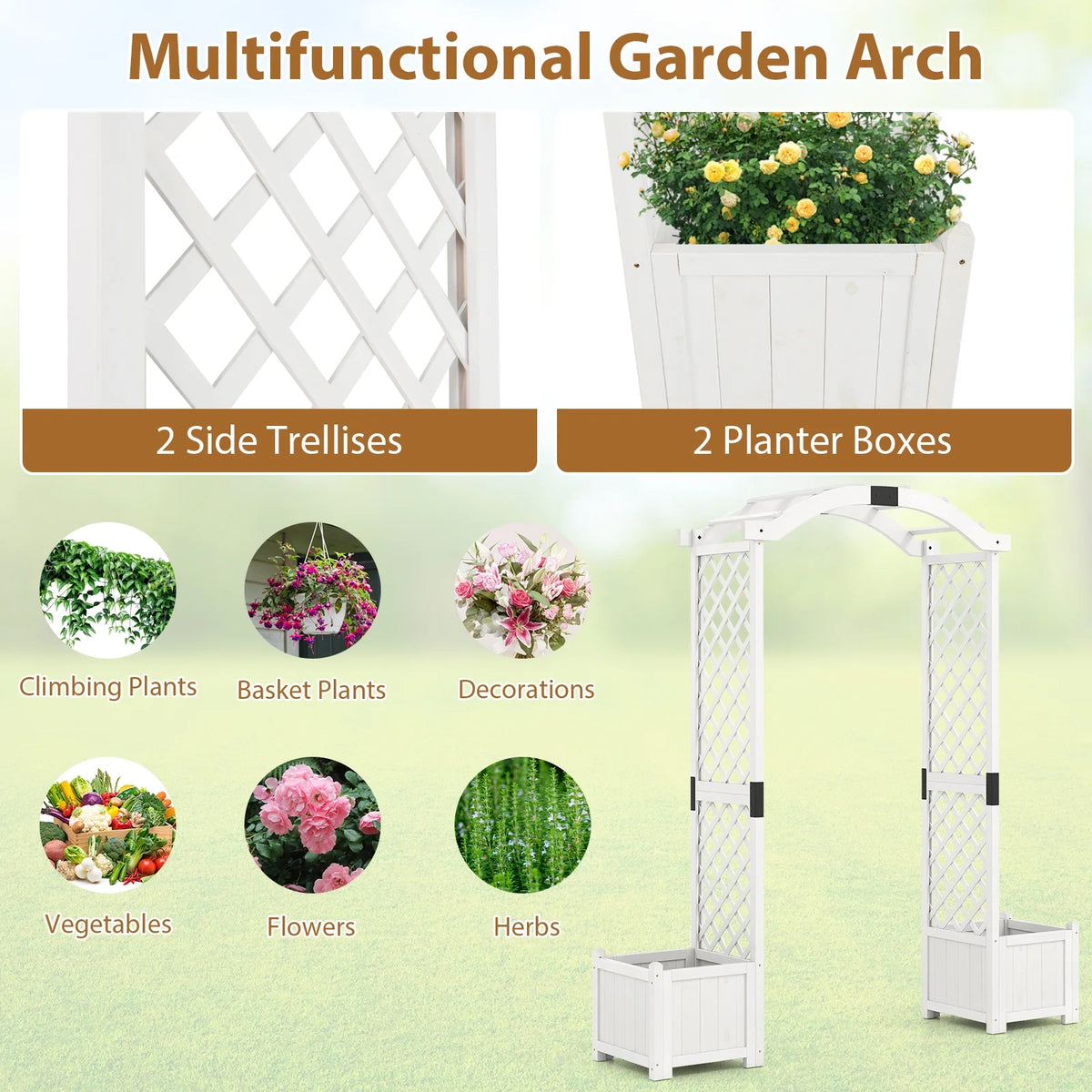 Gymax Garden Arbor W/ Planter Wooden Planter Arch W/ Trellis White