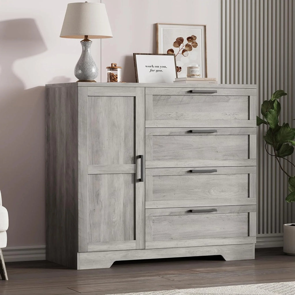 43.3" H Armoire Wardrobe Closet with 4 Drawers & Hanging Rod, Multifunctional Wood Storage Cabinet for Bedroom, Natural Oak