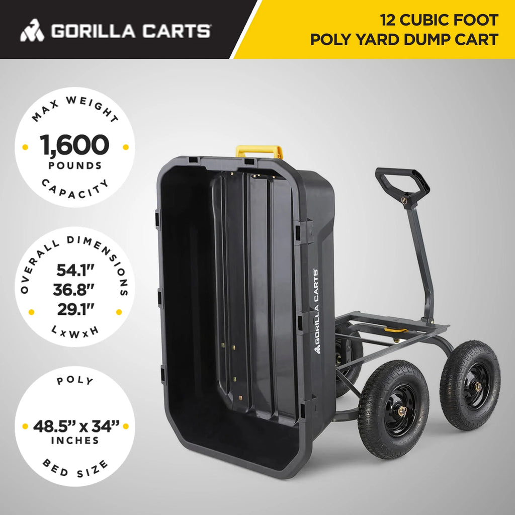 Gorilla Carts 12 cu ft Poly Yard Dump Cart with Quick - Release, 1600 lb Capacity, Black