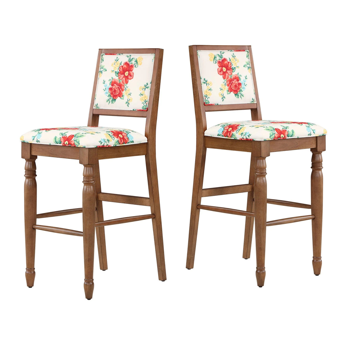 The Pioneer Woman Vintage Floral Bar Stools Made with Solid Wood Frame, Set of 2