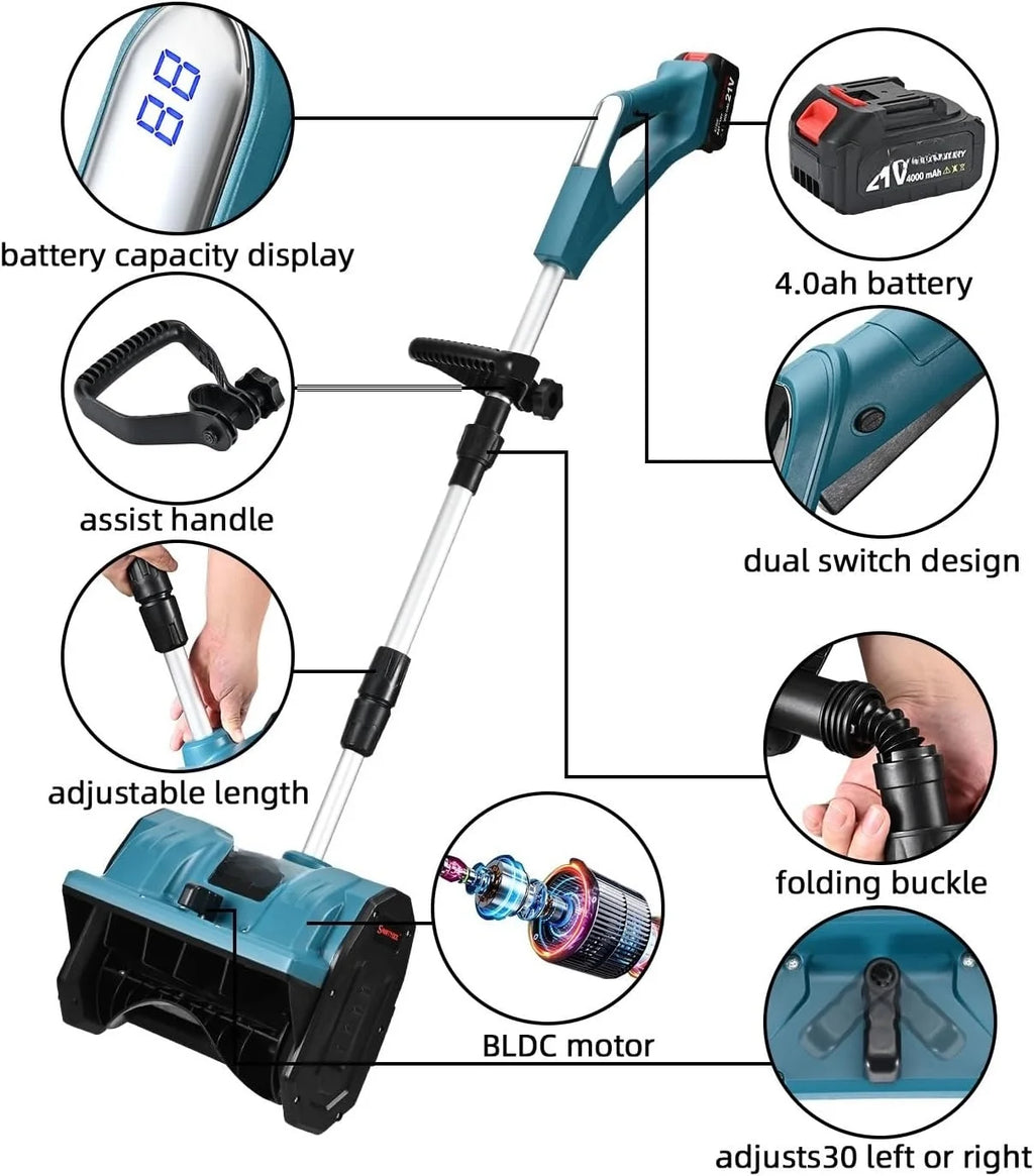 Cordless Snow Blower (21V) - 12in Width, 4in Depth, 4.0ah Battery with Capacity Display