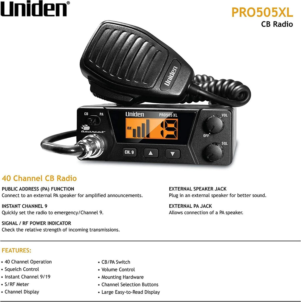 Uniden 40 Channel LCD Display CB Radio, Black, PRO505XL