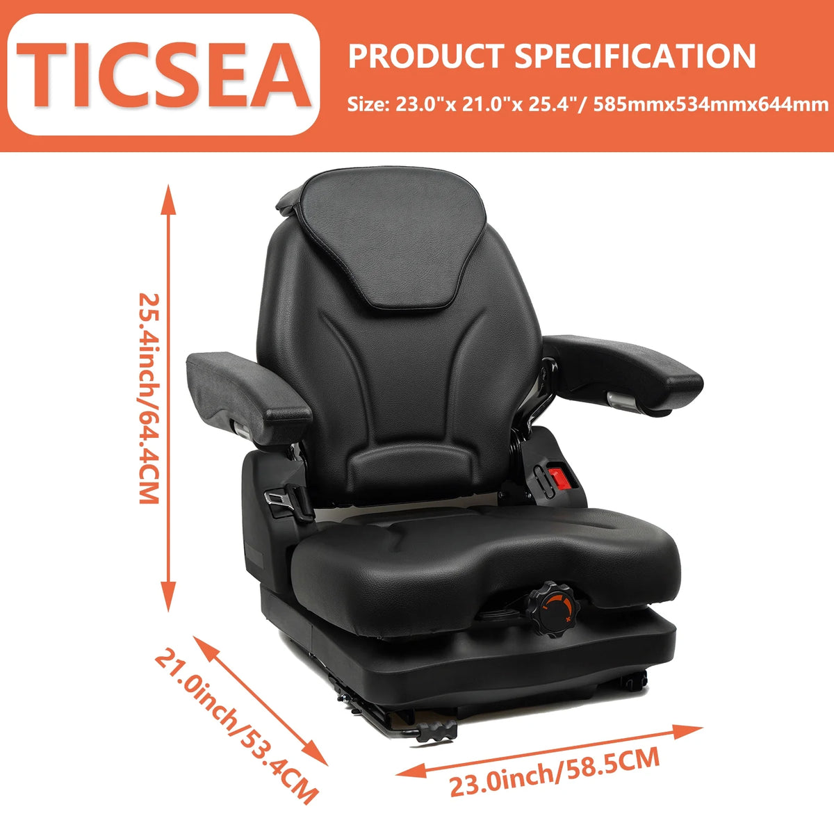 TICSEA Highback Low Suspension Tractor Seat, Adjustable Backrest Headrest and Slide Rails Forklift Seat, Adjustable Armrests Shock Absorber Heavy Duty for Excavator Harvester