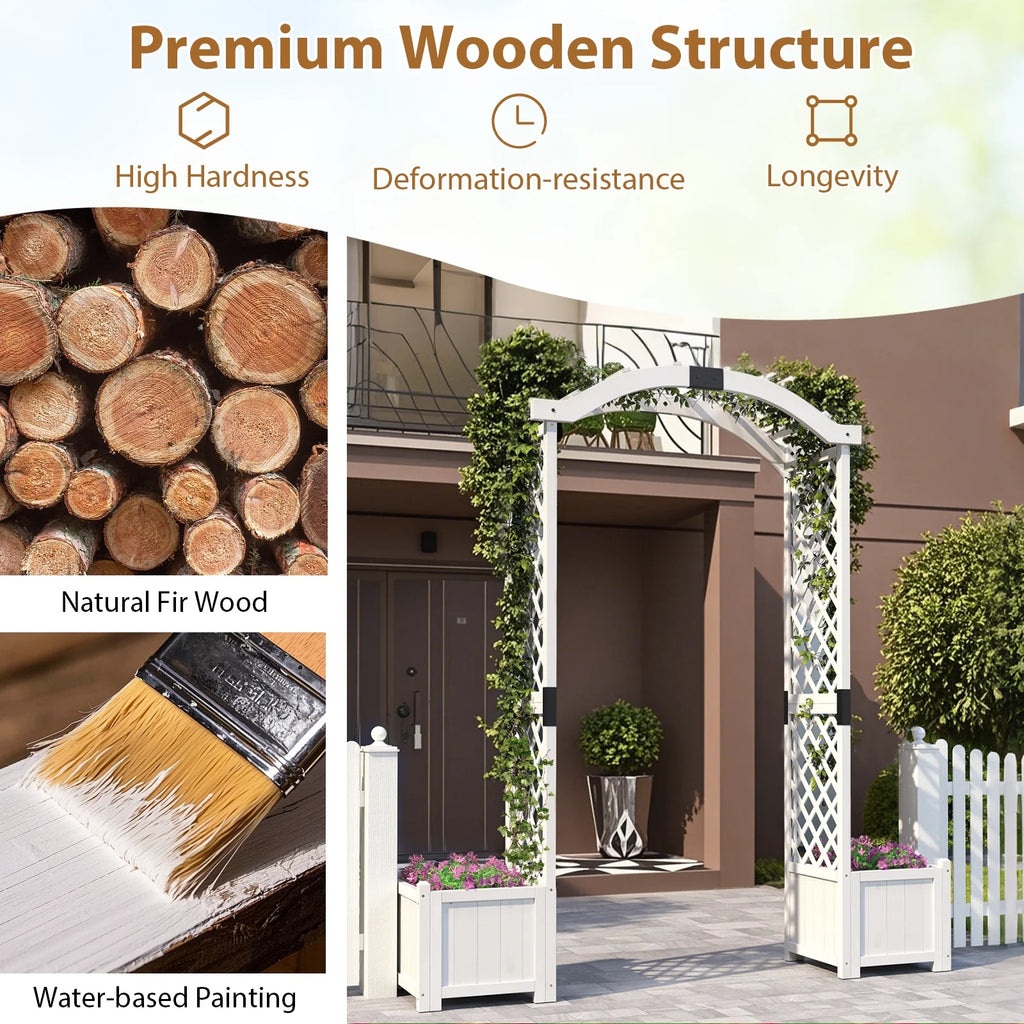 Gymax Garden Arbor W/ Planter Wooden Planter Arch W/ Trellis White