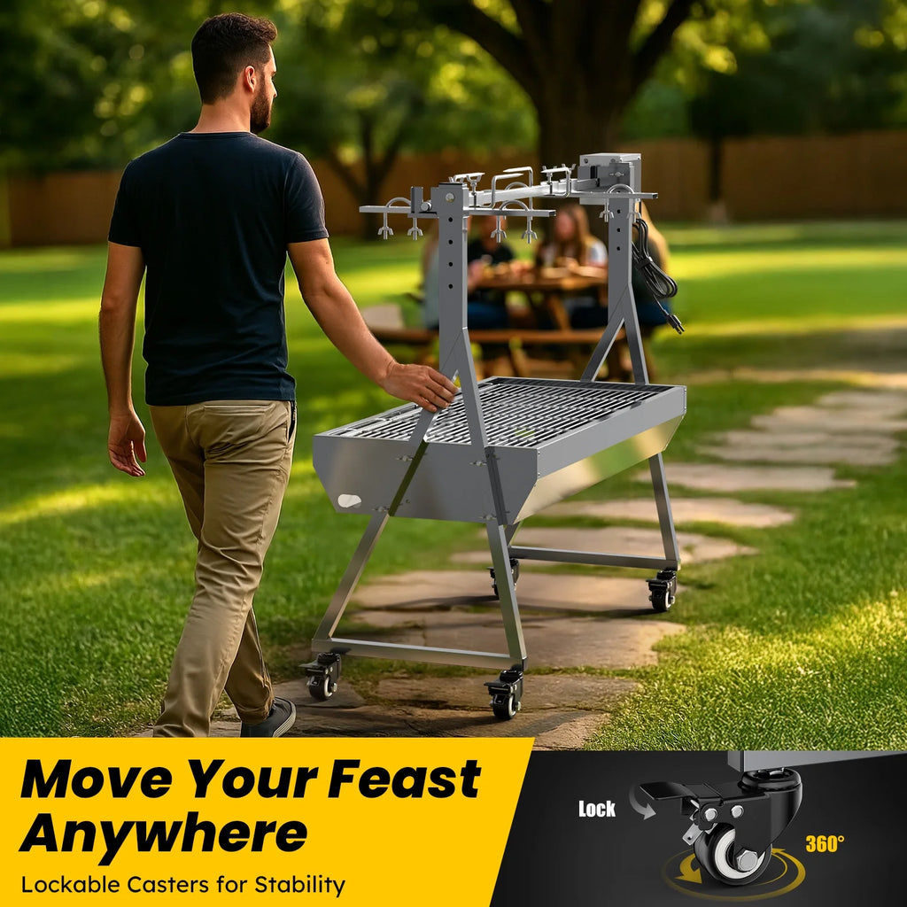 Ecojoy Rotisserie Grill Roaster, 132 lb Charcoal Grill Outdoor BBQ Grill Pig Lamb Spit Roaster with 25W Motor and Hand Crank