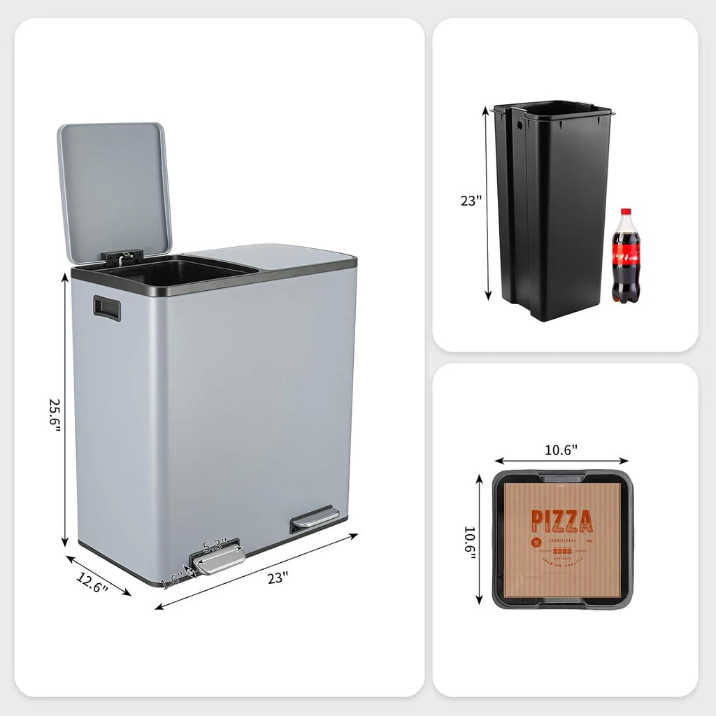Arlopu 60 L/16 Gal Dual Trash Can, Stainless Steel Garbage Can for Kitchen, Recycle Bin with Lid