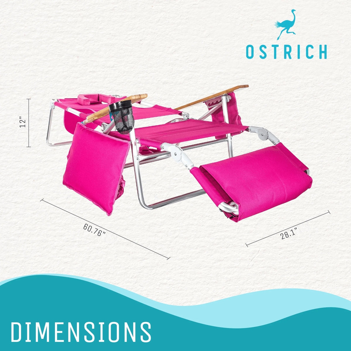 Ostrich Deluxe 3N1 Lightweight Outdoor Beach Lounge Chair W/Footrest, Pink