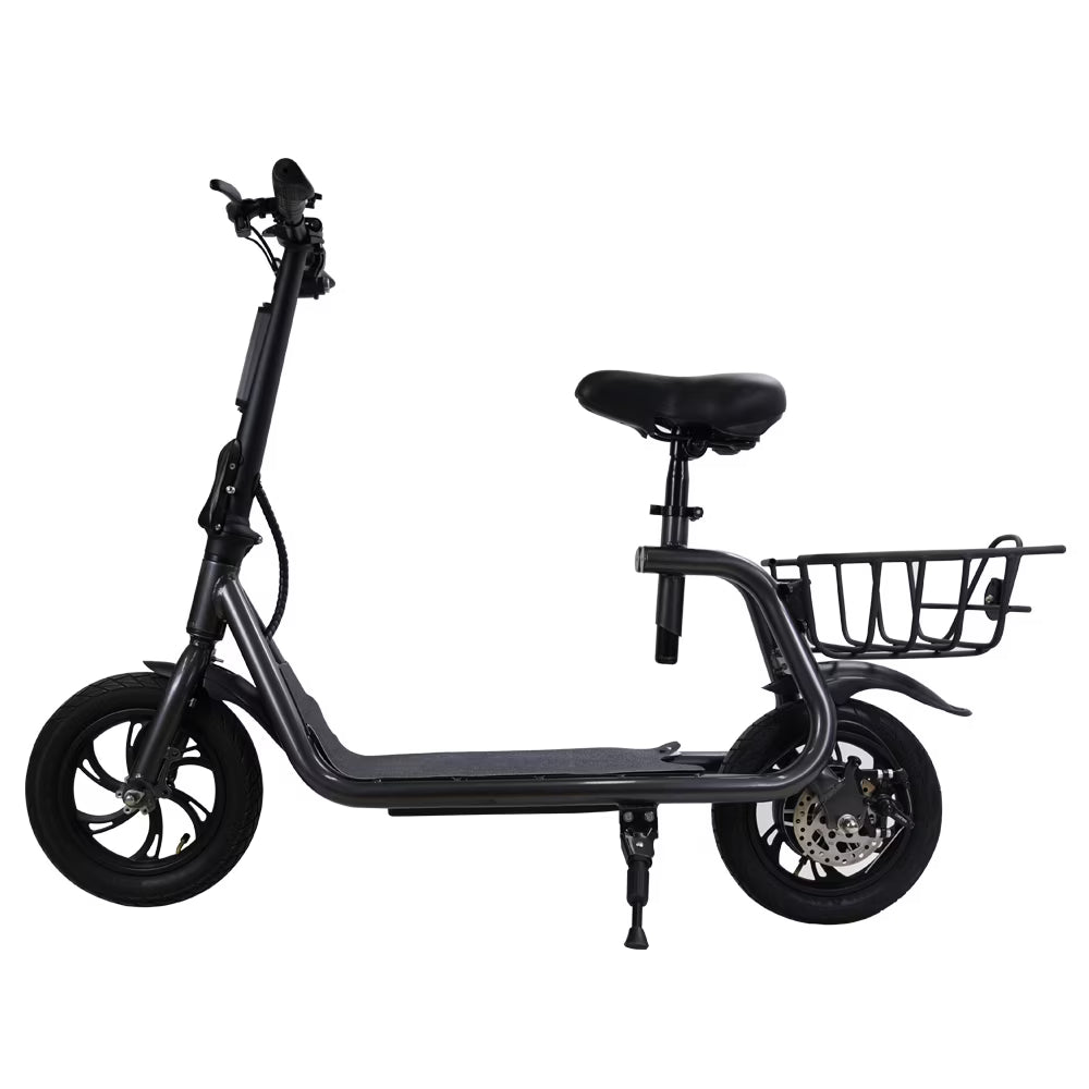 Electric Scooter Adult with Seat, 12 in Tires 350W Motor Foldable E - Bicycle with Basket Dual Disc Brakes