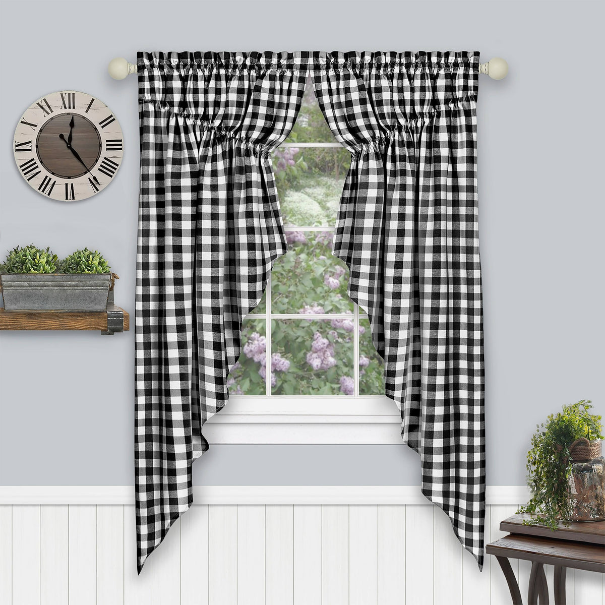 Buffalo Check Gathered Swag Window Curtain Pair, 72x63 Inches - Black