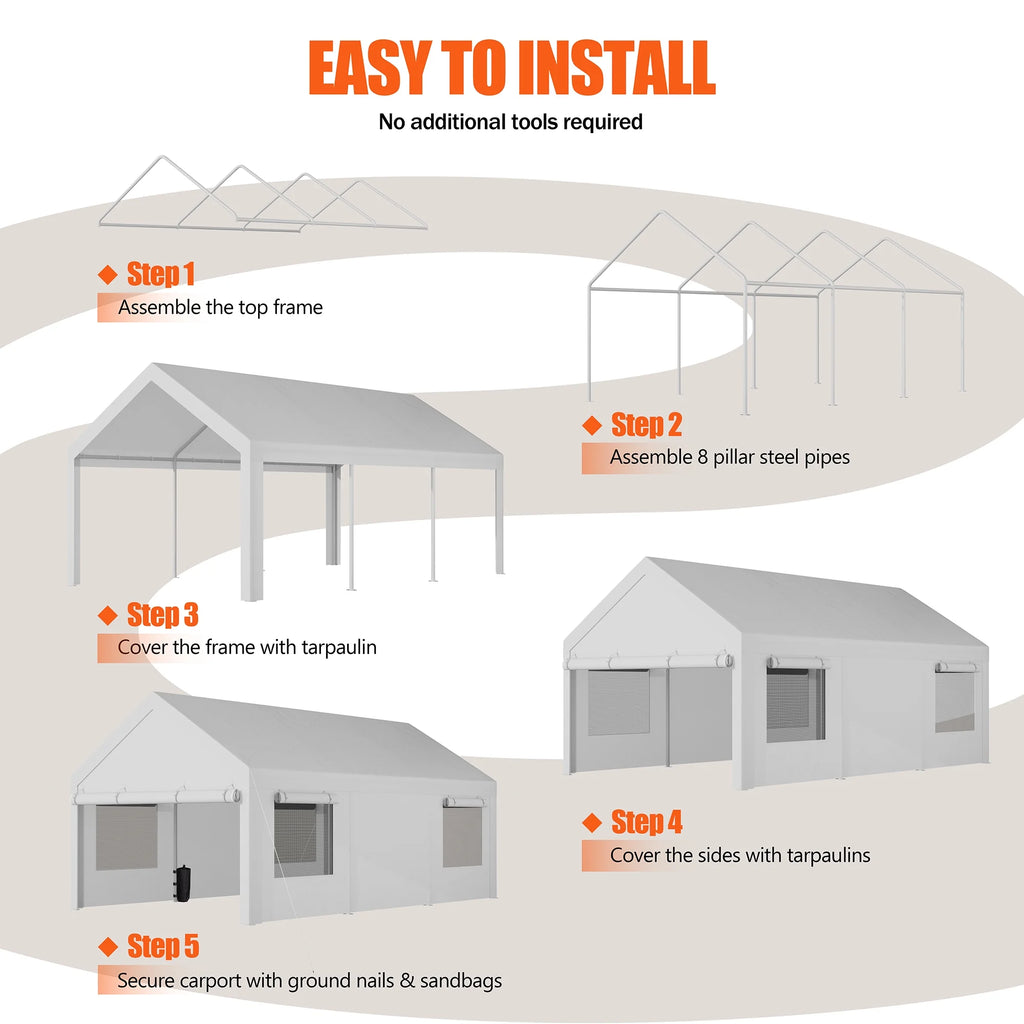 Walsunny 12x20 Ft Carport with 4 Sandbags Heavy Duty Canopy with Roll - up Windows Portable Garage with Removable Sidewalls & Doors Car Canopy Khaki