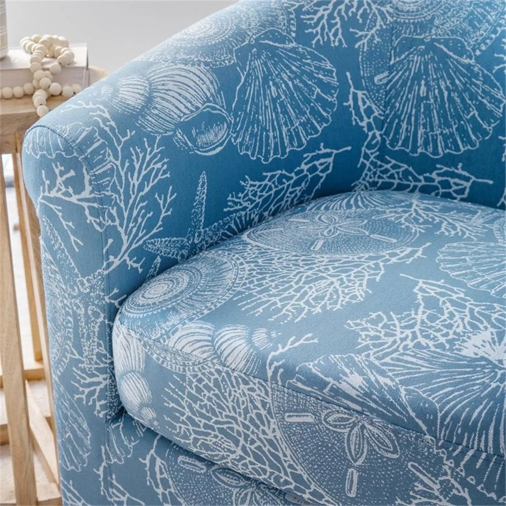 Linon Rhea Fully Upholstered Coastal Swivel Club Chair in Blue Seashell Pattern