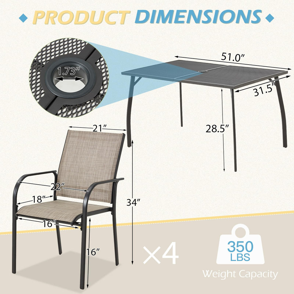 AECOJOY 5 Piece Patio Table and Chair Set for 4, Outdoor Dining Set with Rectangle Table 1.73" Umbrella Hole