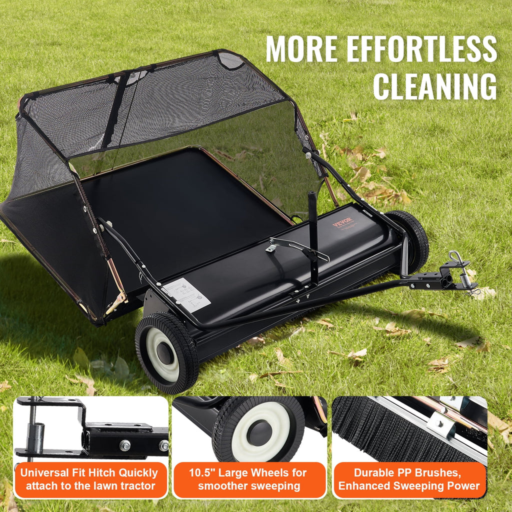 VEVOR 42 - Inch Lawn Sweeper Tow Behind, 12 Cu.ft. Large Pull Behind Grass Sweeper, Heavy Duty Leaf & Grass Collector with Dumping Rope Design, Adjustable Sweeping Height for Picking up Debris & Grass