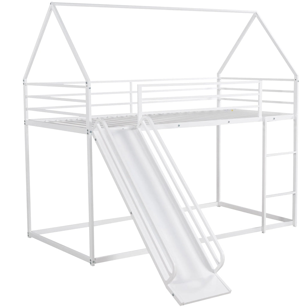 Jump Into Fun Bunk Bed Twin Over Twin, Metal Bunk Bed with Slide, House Low Bunk Bed with Ladder and Safety Guardrails, Noise Free Floor Twin Bunk Beds for Kids, Adults, Bedroom, White