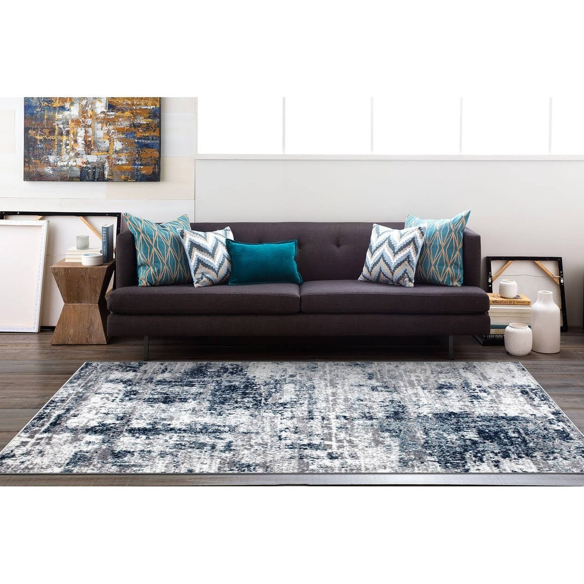 Distressed Modern Abstract Blue 7 ft. 10 in. x 10 ft. Area Rug