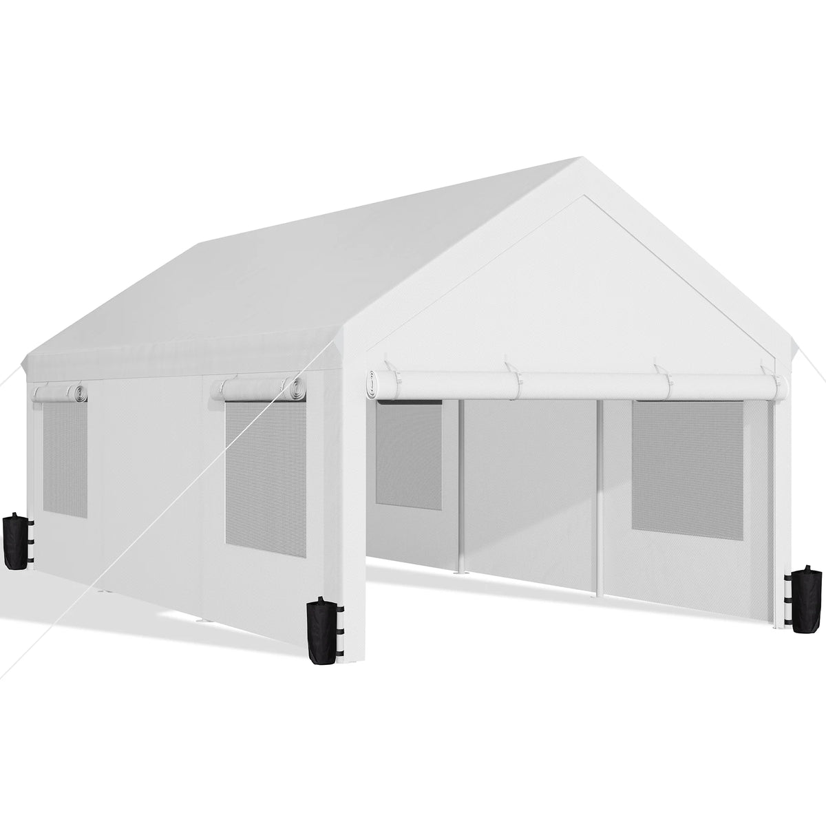 Walsunny 12x20 Ft Carport with 4 Sandbags Heavy Duty Canopy with Roll - up Windows Portable Garage with Removable Sidewalls & Doors Car Canopy Khaki