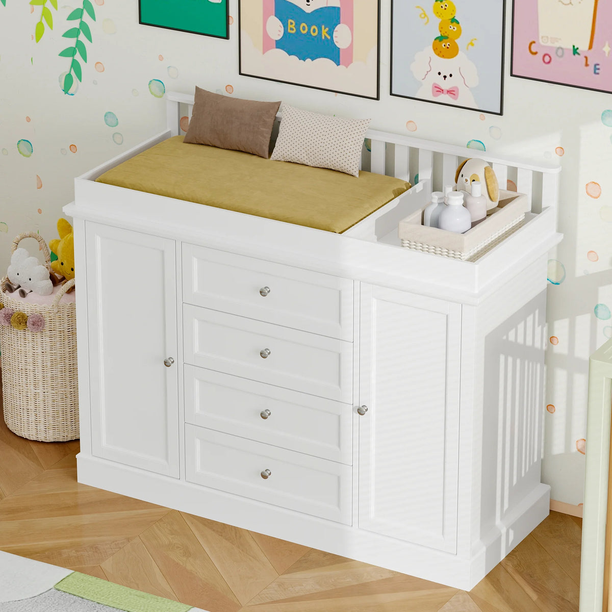 OXYLIFE 45" Baby Nursery Changing Table Dresser with 4 Drawers and Shelf for Nursery Room, White