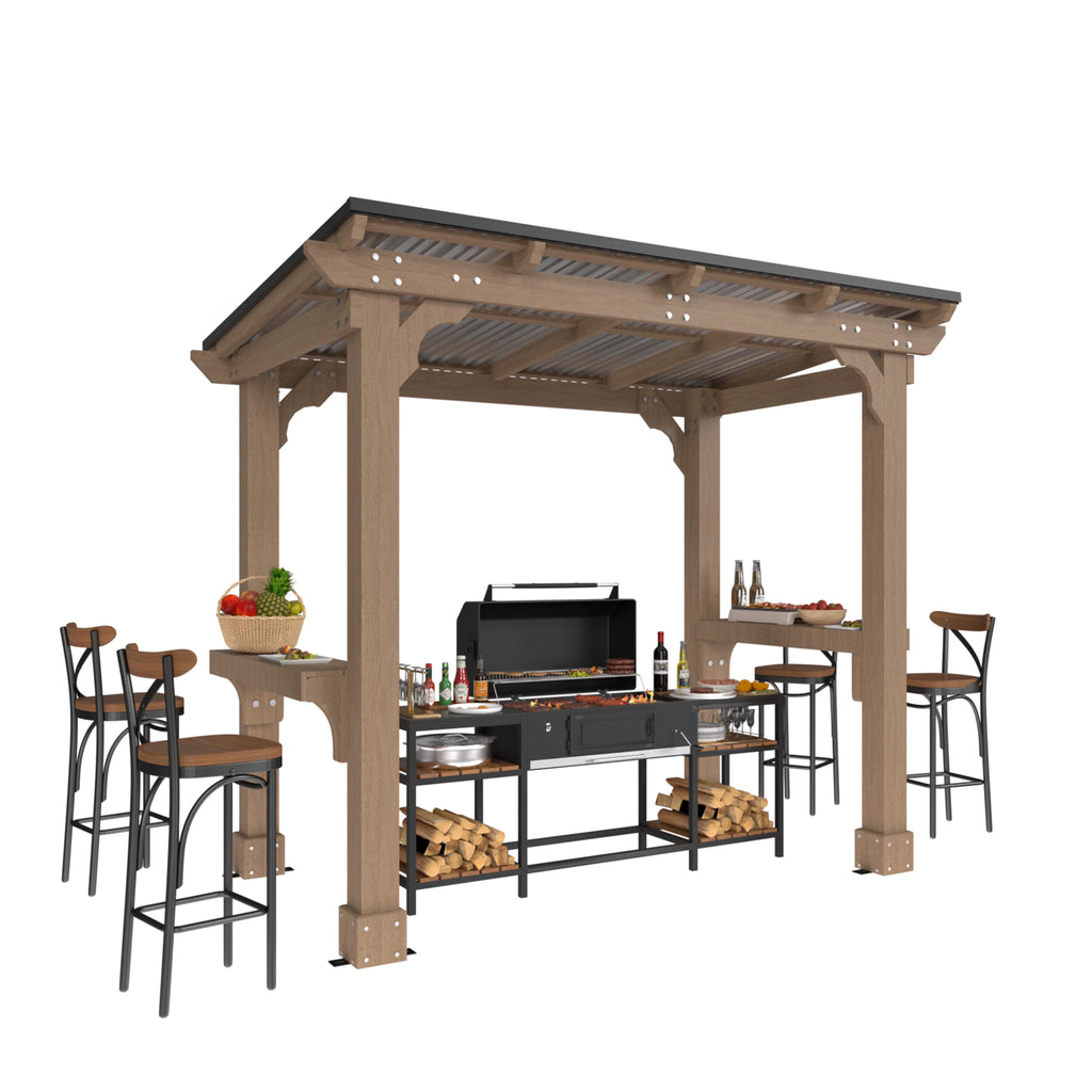 VEIKOUS 8' x 5' Outdoor Hardtop Gazebo, BBQ Grill Gazebo W/ Workstation Shelves for Lawn, Garden, Deck