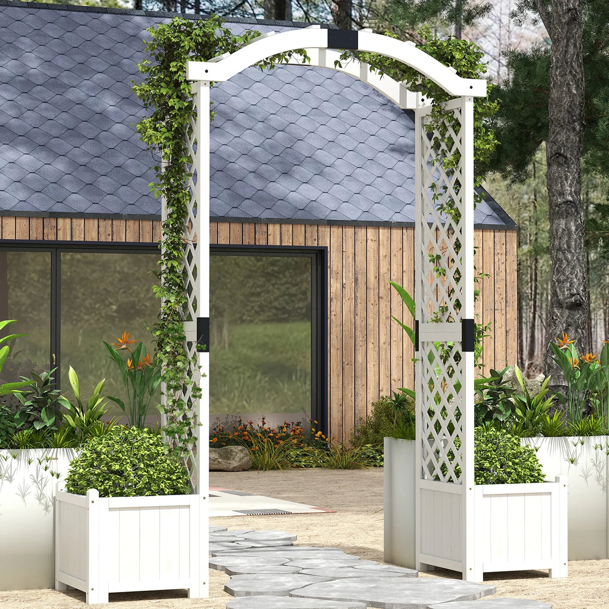 Gymax Garden Arbor W/ Planter Wooden Planter Arch W/ Trellis White