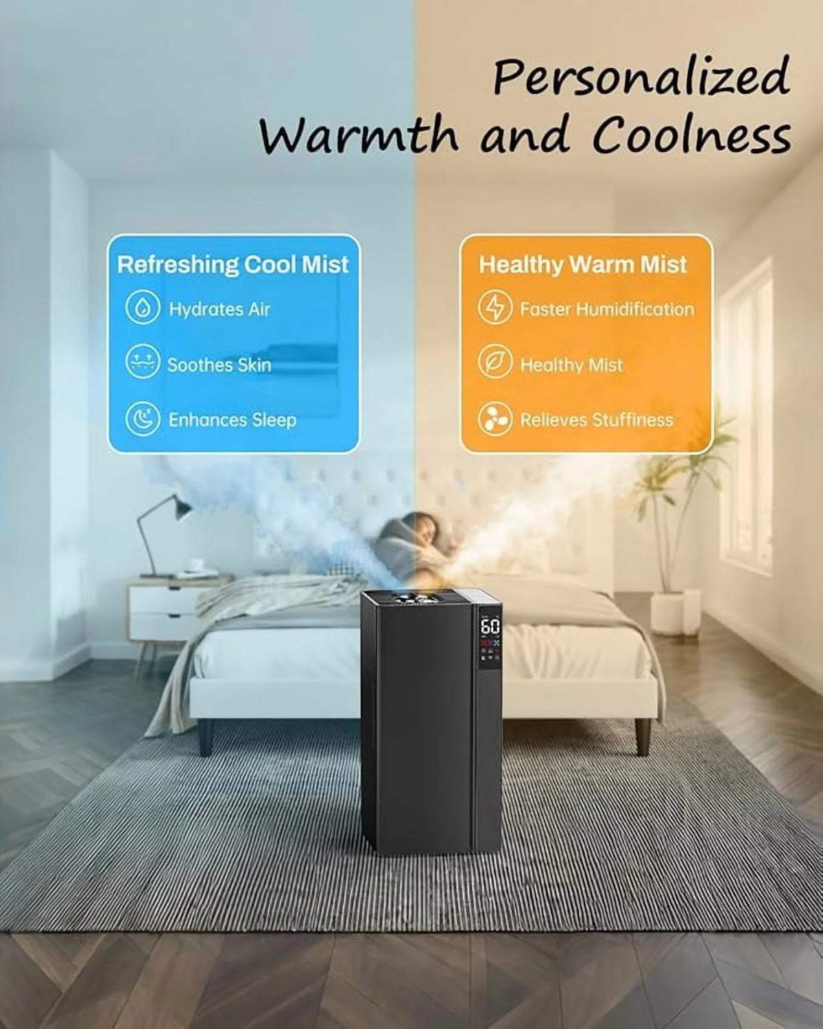 Warm and Cool Mist Humidifier Large Room, 5.3gal/20 L Whole House Humidifiers for Home, Top Fill, Black