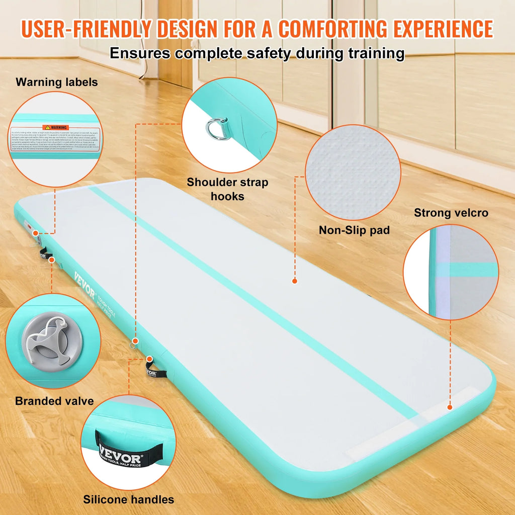 VEVOR Gymnastics Air Mat, 4 in Thickness Inflatable Gymnastics Tumbling Mat, Tumble Track with Electric Pump, Training Mats for Home Use/Gym/Yoga/Cheerleading/Beach/Park/Water, 10 Ft, Mint Green
