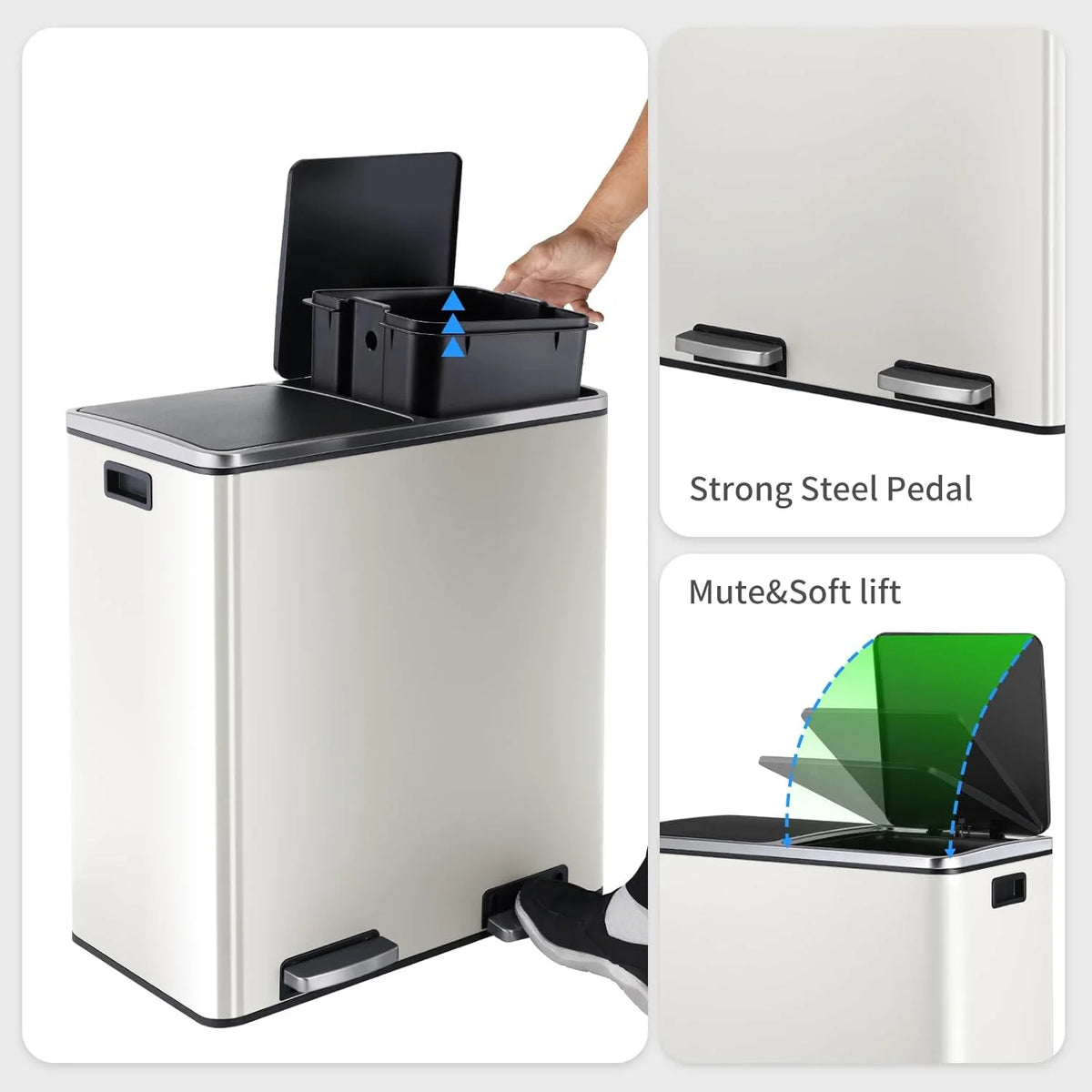 Arlopu 60 L/16 Gal Dual Trash Can, Stainless Steel Garbage Can for Kitchen, Recycle Bin with Lid